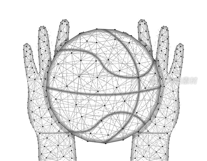 Hands and ball for playing basketball low poly design, sports game in polygonal style, catch or throw the ball wireframe vector illustration made from points and lines on a white background
